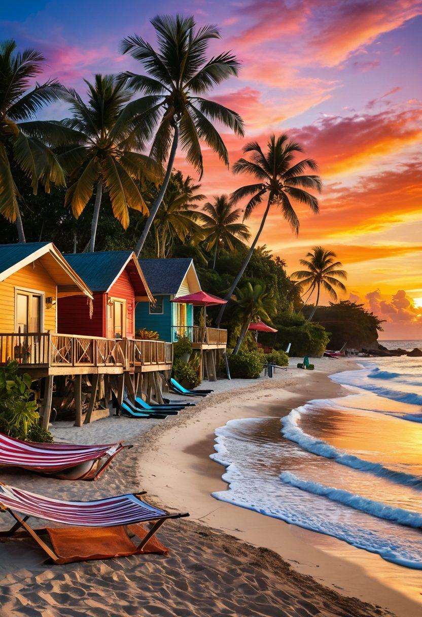 A picturesque scene of a sunny beach with cozy rental cottages in the foreground, adorned with tropical plants and hammocks. Stylish resort wear displayed on a clothesline, fluttering in the sea breeze, with beachgoers enjoying the shoreline. Add soft waves lapping at the shore and a vibrant sunset in the background, casting warm colors across the sky. super-realistic. vibrant colors. tropical theme.