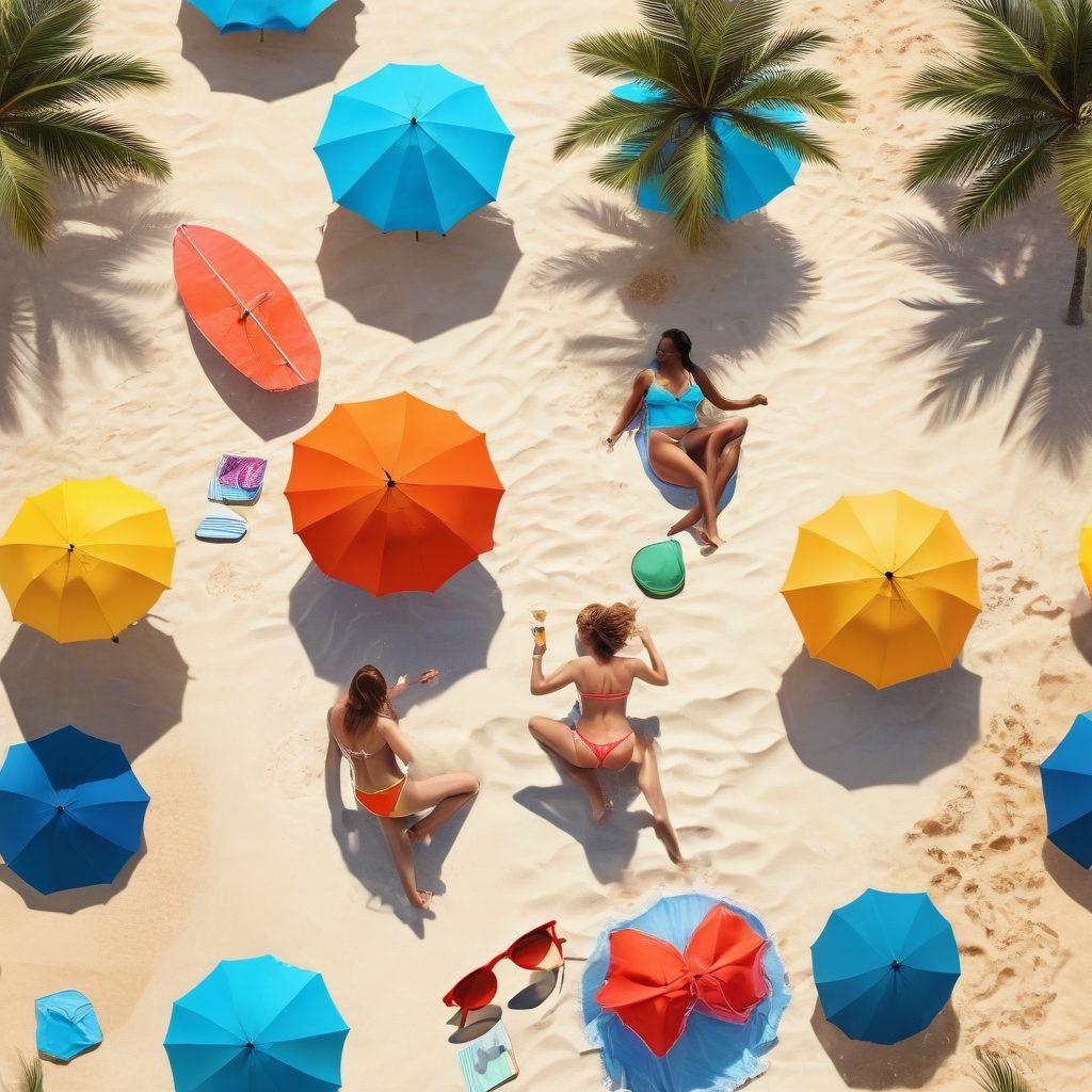 A stunning beach scene showcasing a diverse group of fashionable individuals in vibrant bikinis enjoying the sun, sand, and waves. Include beach umbrellas, tropical drinks, and playful beach activities that capture the essence of summer fun and relaxation. Add palm trees gently swaying in the background, a clear blue sky, and colorful beach accessories scattered around. super-realistic. vibrant colors. sunny atmosphere.